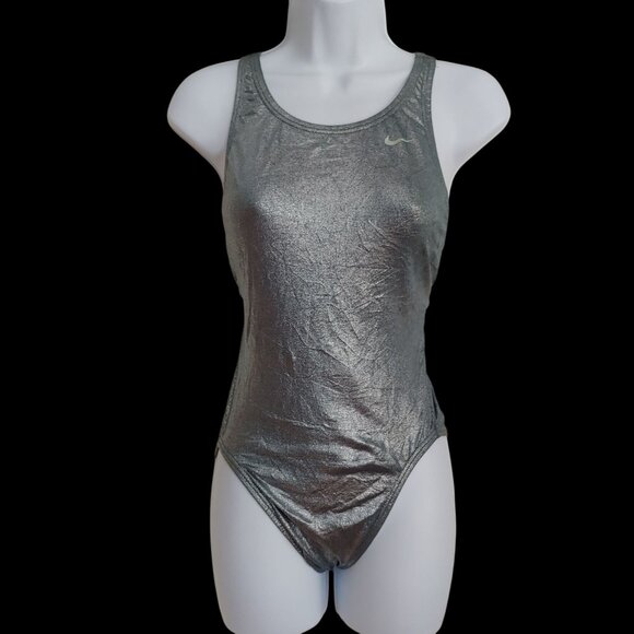 Nike Silver Metallic High Neck Athletic Swimsuit Resort beach cruise 10 - Picture 1 of 12